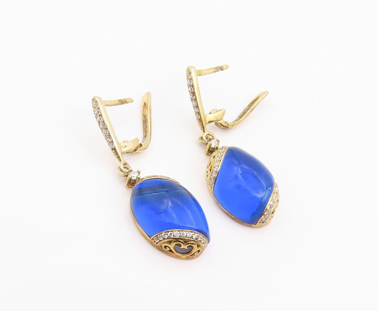 925 Sterling Silver Vintage Earrings Gold Plated Sapphire & CZ Drop  EG14242