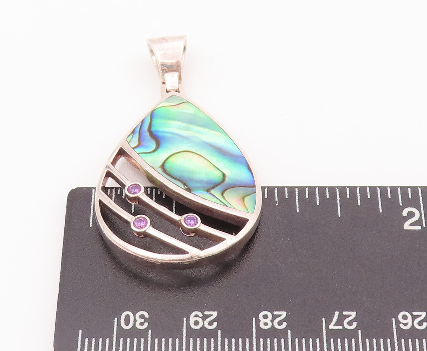 925 Sterling Silver Vintage Pendant Designer Abalone & Round Amethyst  PT22811