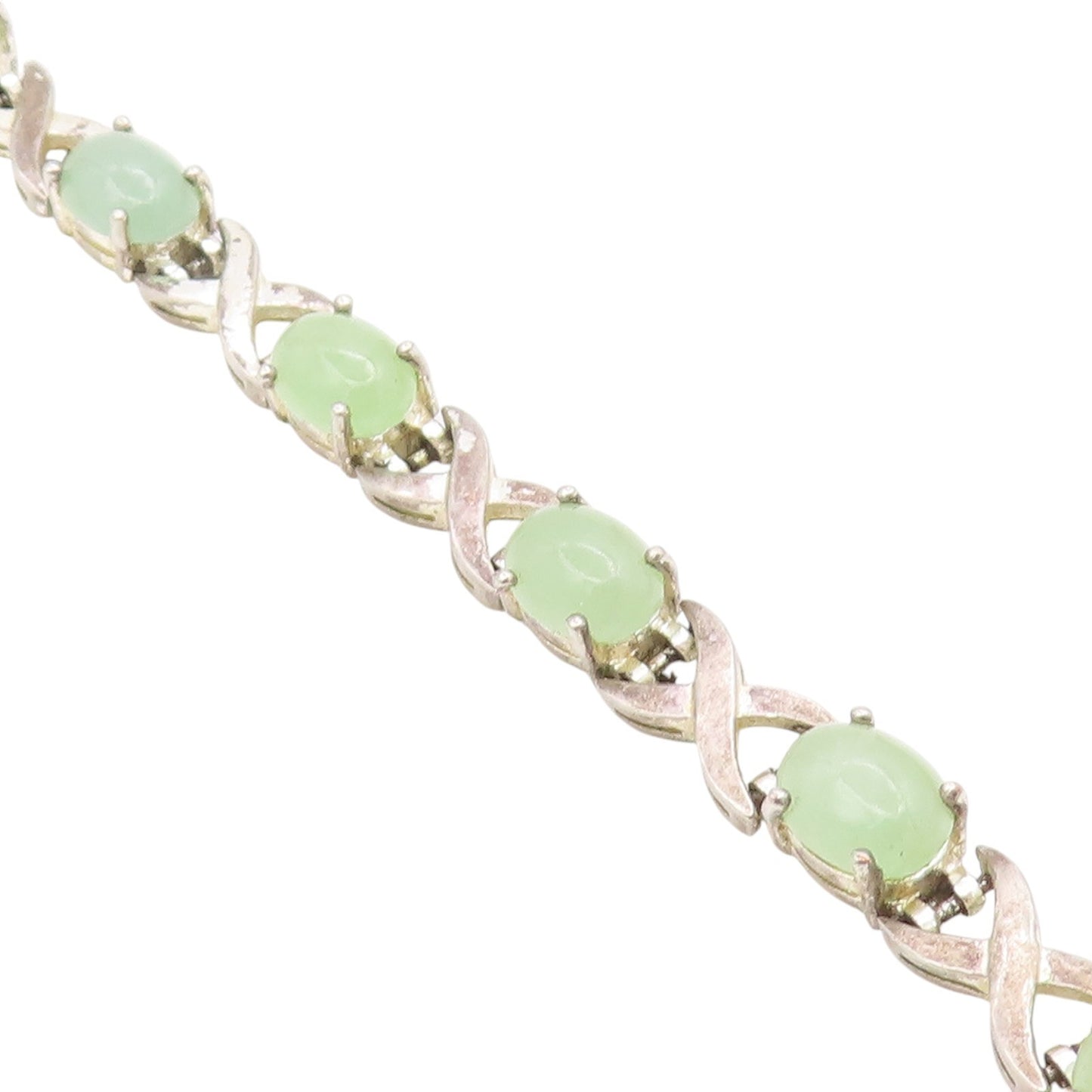 925 Sterling Silver Vintage Bracelet Oval Jade Elegant Crisscross Link  BT11744