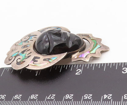 925 Sterling Silver Vintage Brooch Pin TAXCO Onyx Face Abalone Crown  BP11459