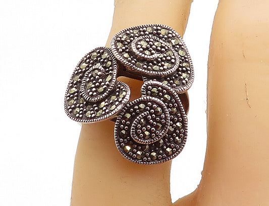 925 Sterling Silver  Vintage Marcasite Swirl Hearts Cocktail Ring Sz 6  RG6846