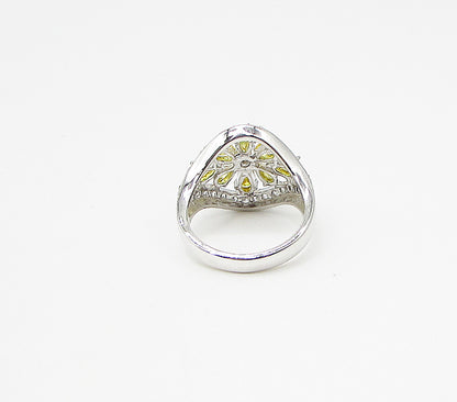 925 Silver  Yellow Topaz & White Cubic Zirconia Floral  Band Ring Sz 7  RG3420