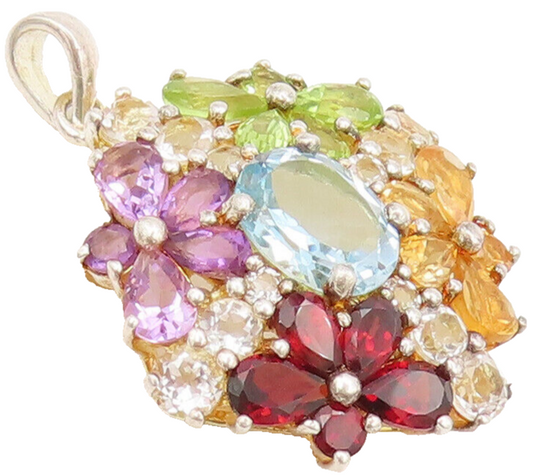 925 Sterling Silver  Vintage Multi Color & Shape Topaz Square Pendant  PT22261