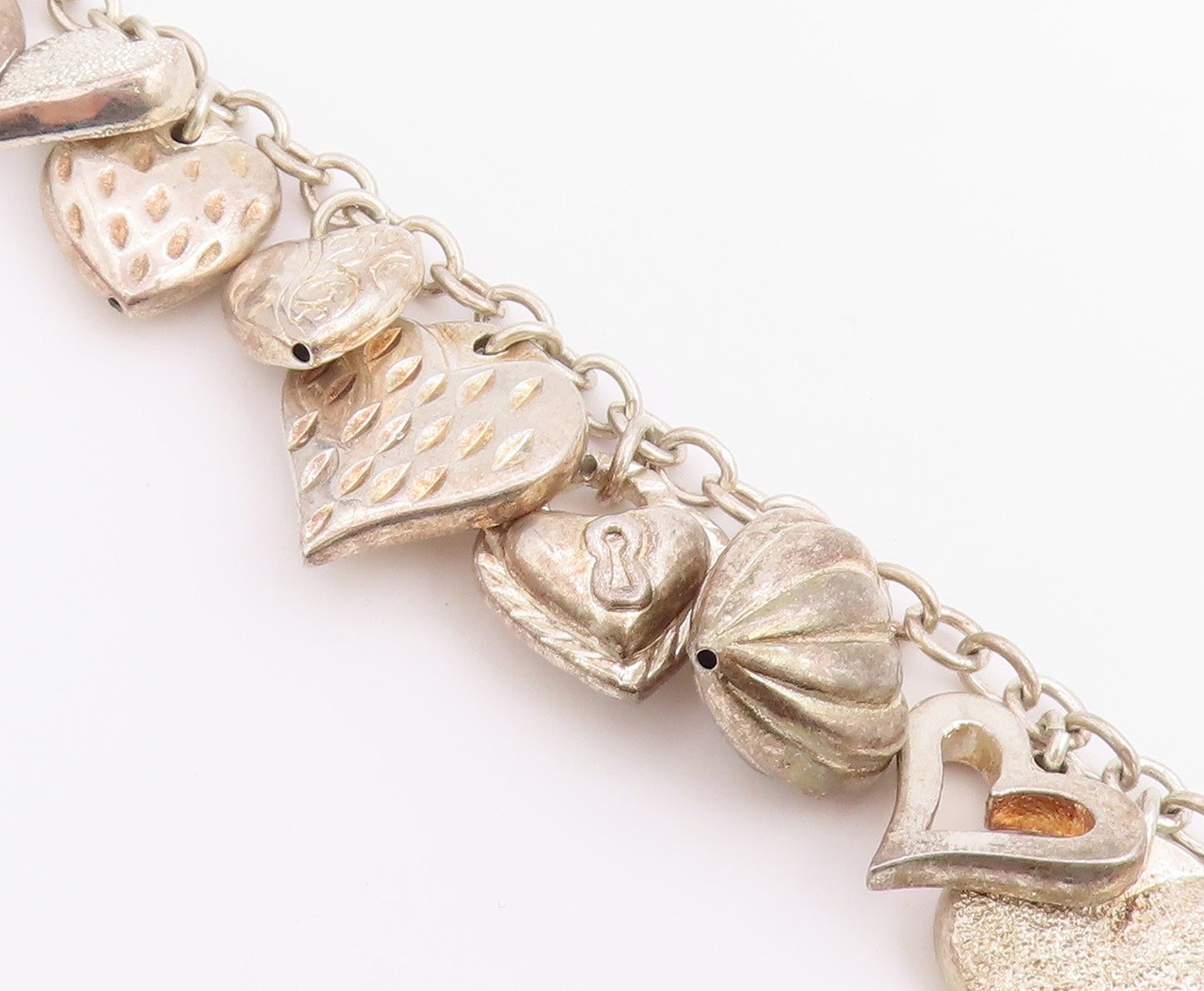 925 Sterling Silver Vintage Bracelet Multi Pattern Puffy Love Heart Link BT12207