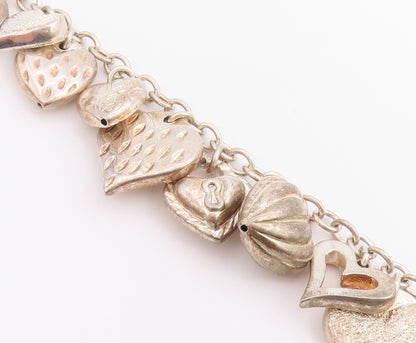 925 Sterling Silver Vintage Bracelet Multi Pattern Puffy Love Heart Link BT12207