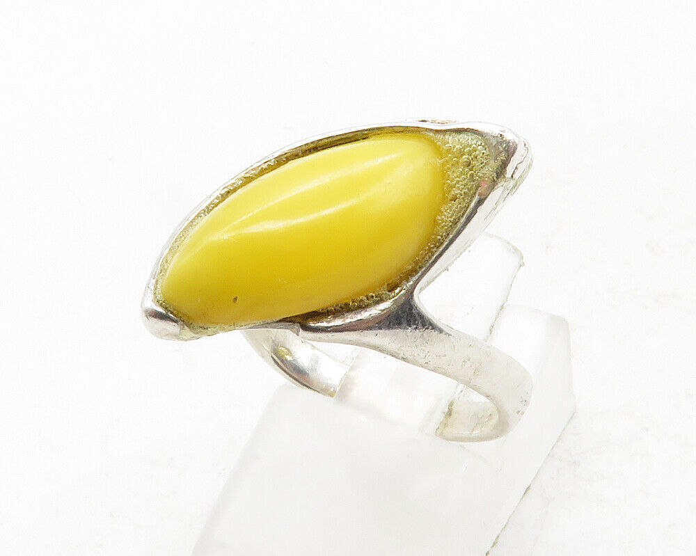 925 Sterling Silver  Vintage Egg Yolk Amber Shiny Cocktail Ring Sz 7.5 RG12978