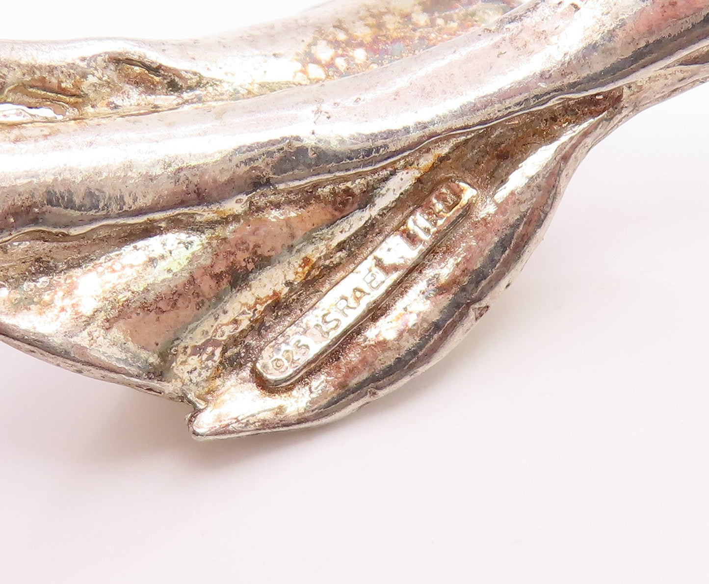 925 Sterling Silver Vintage Bracelet ISRAEL Pearl & Leaf Brutalist Cuff  BT11897