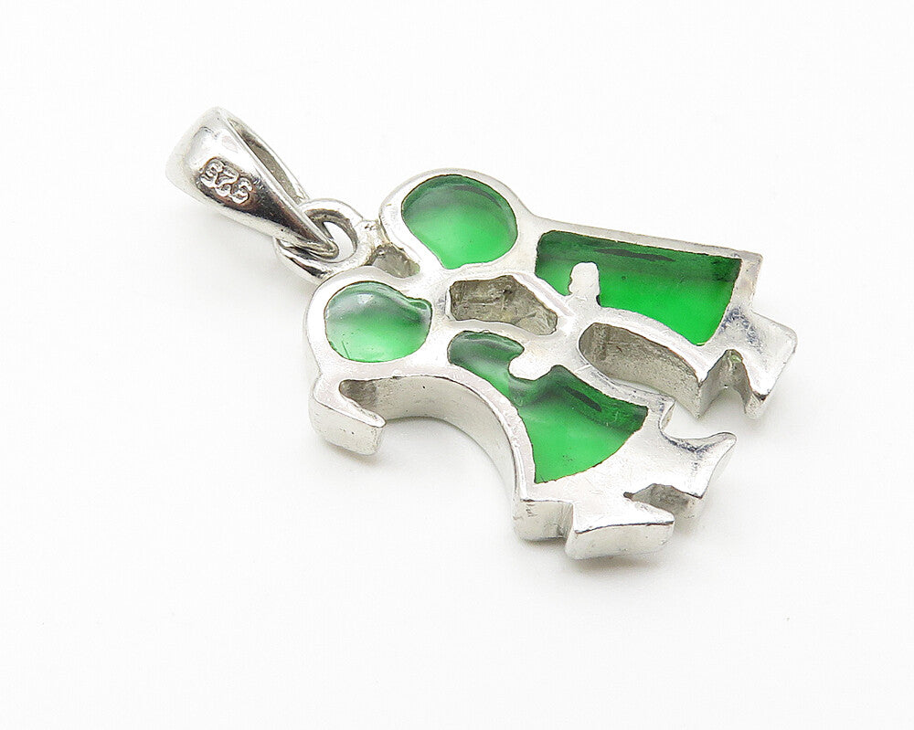 925 Sterling Silver  Kissing Couple Shiny Green Glass Art Drop Pendant  PT8387