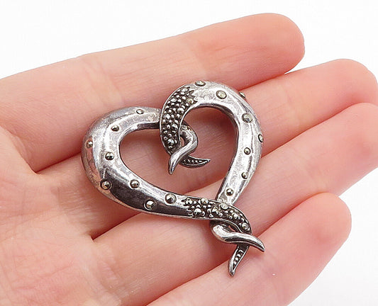 925 Sterling Silver  Vintage Marcasite Decorated Love Heart Pendant  PT4866