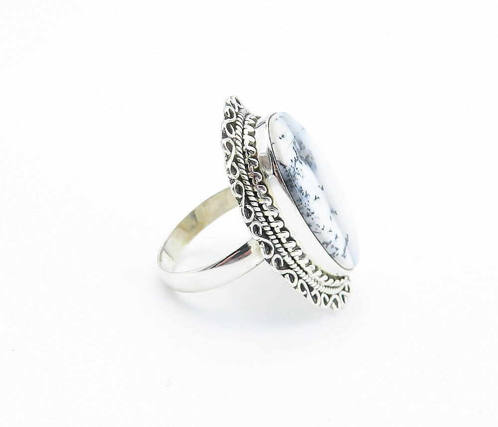 925 Sterling Silver  Agate Shiny Swirl Border Cocktail Ring Sz 10  RG8176