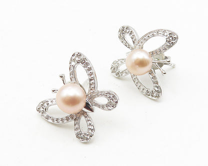 925 Sterling Silver  Petite Pink Pearl & Topaz Butterfly Stud Earrings  EG5731