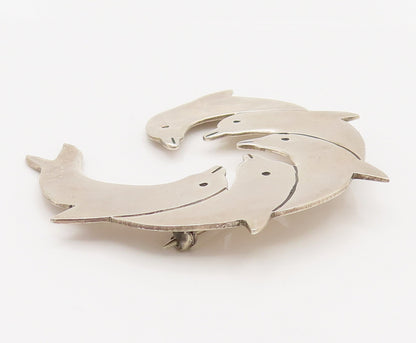 MEXICO 925 Silver  Vintage Minimalist Dolphin Family Brooch Pin  BP10137