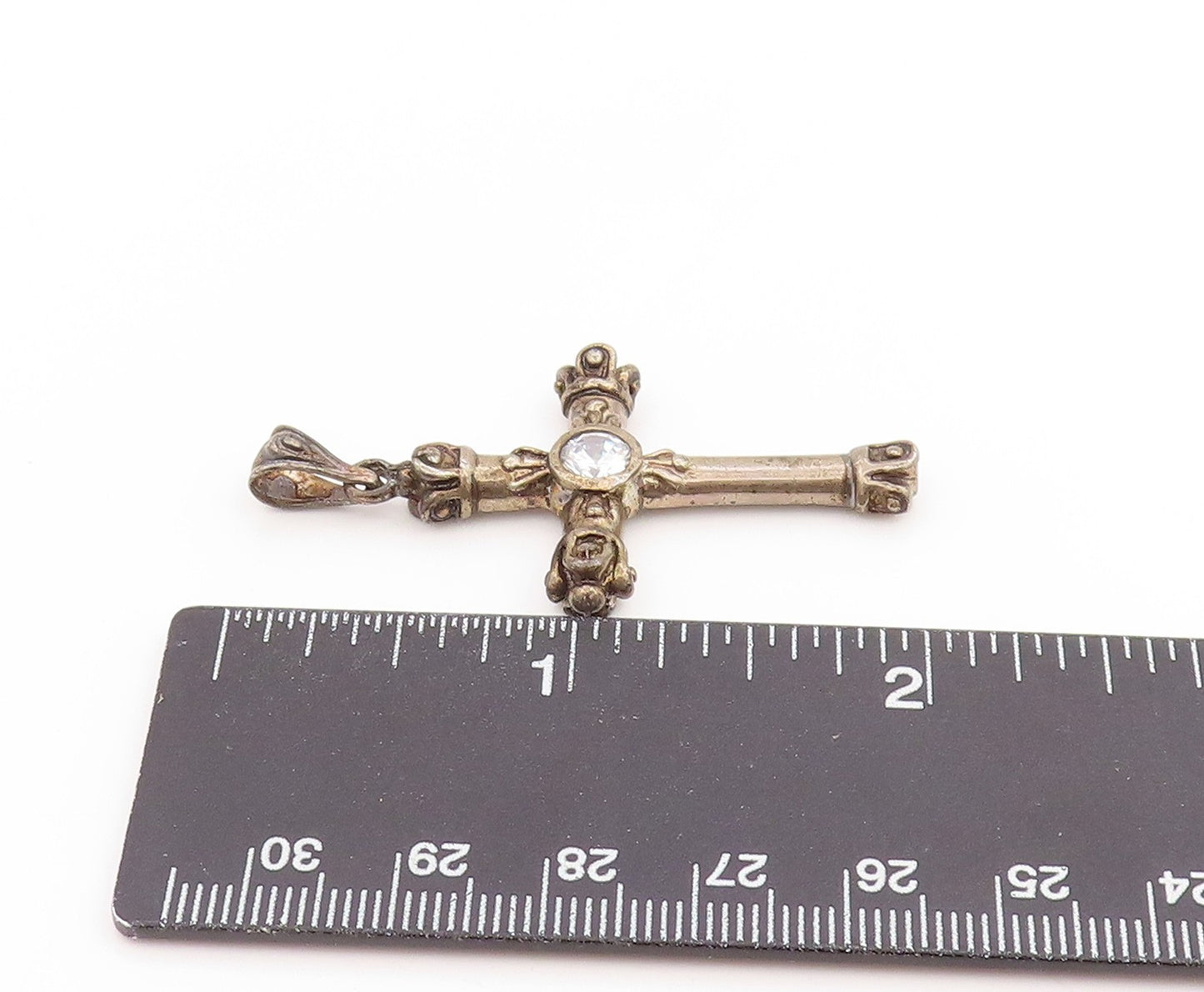 925 Sterling Silver Vintage Pendant Round CZ Bold Religious Cross Charm  PT25830