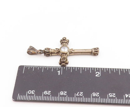 925 Sterling Silver Vintage Pendant Round CZ Bold Religious Cross Charm  PT25830