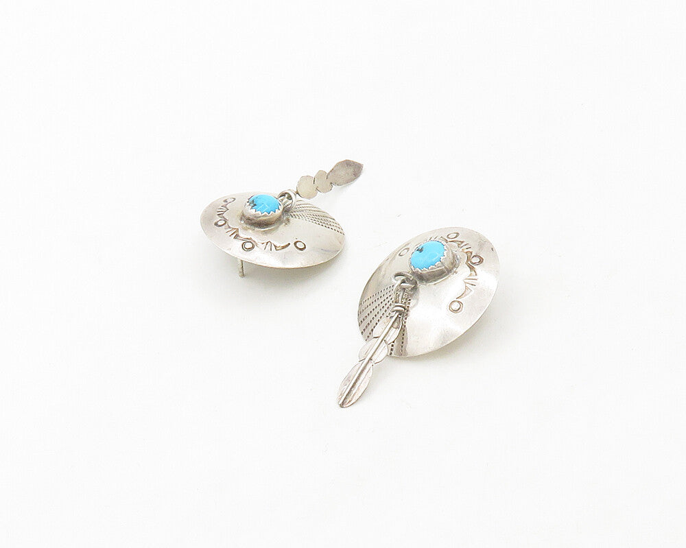 NAVAJO 925 Silver  Vintage Cabochon Turquoise Feather Drop Earrings  EG9636