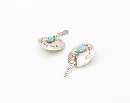 NAVAJO 925 Silver  Vintage Cabochon Turquoise Feather Drop Earrings  EG9636