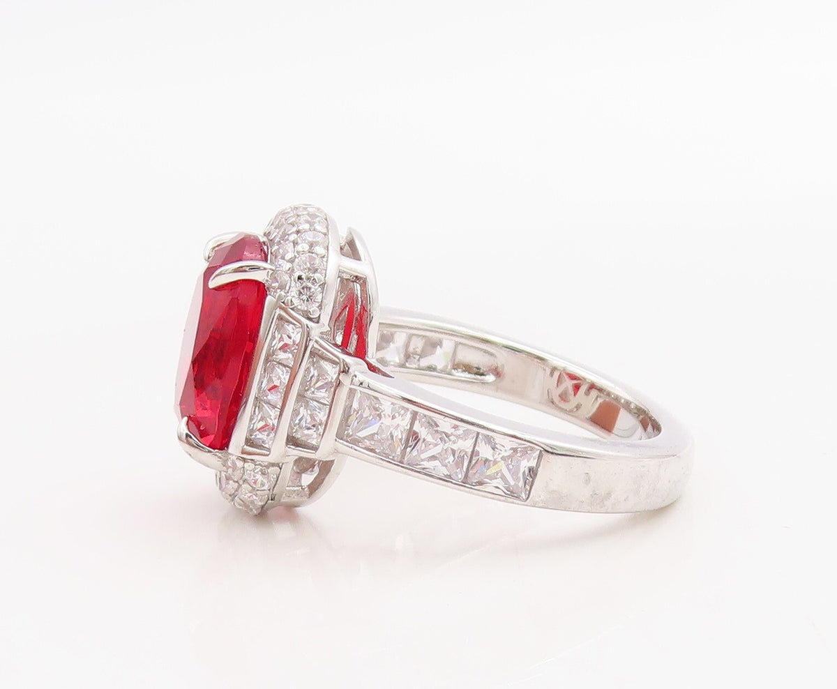 925 Sterling Silver Vintage Ring Oval Cut Red Halo White Topaz  Sz 7  RG30730