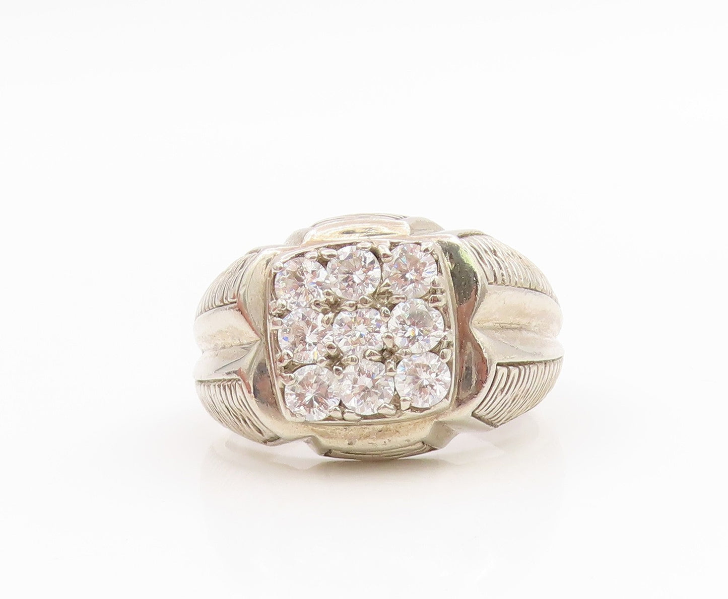 925 Sterling Silver Vintage Ring CZ Grid Etched Statement Band  Sz 13  RG35855