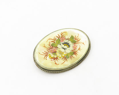 925 Sterling Silver  Vintage Mother Of Pearl Floral Art Brooch Pin  BP7674