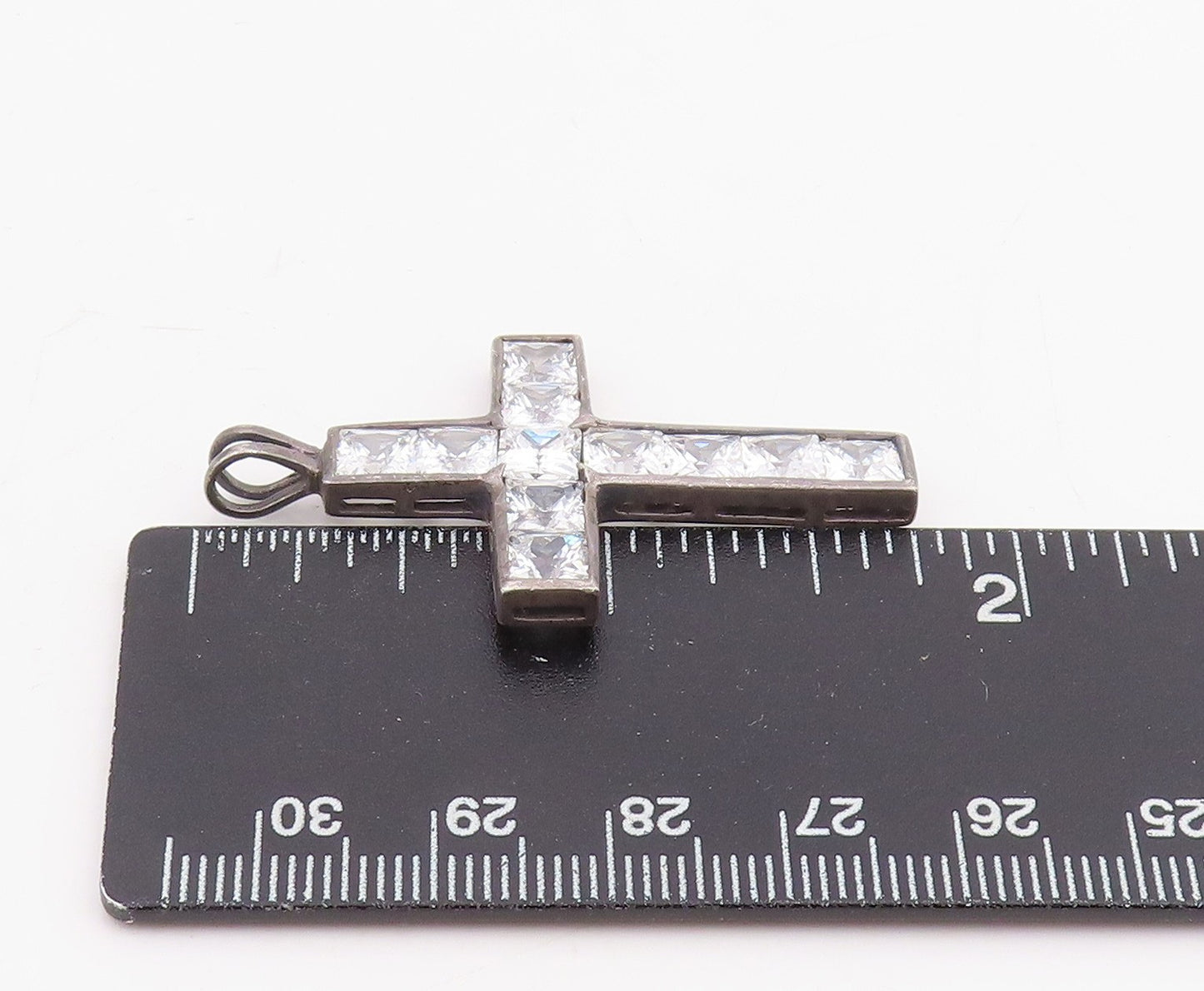 925 Sterling Silver Vintage Pendant CZ Geometric Square Religious Cross  PT25868