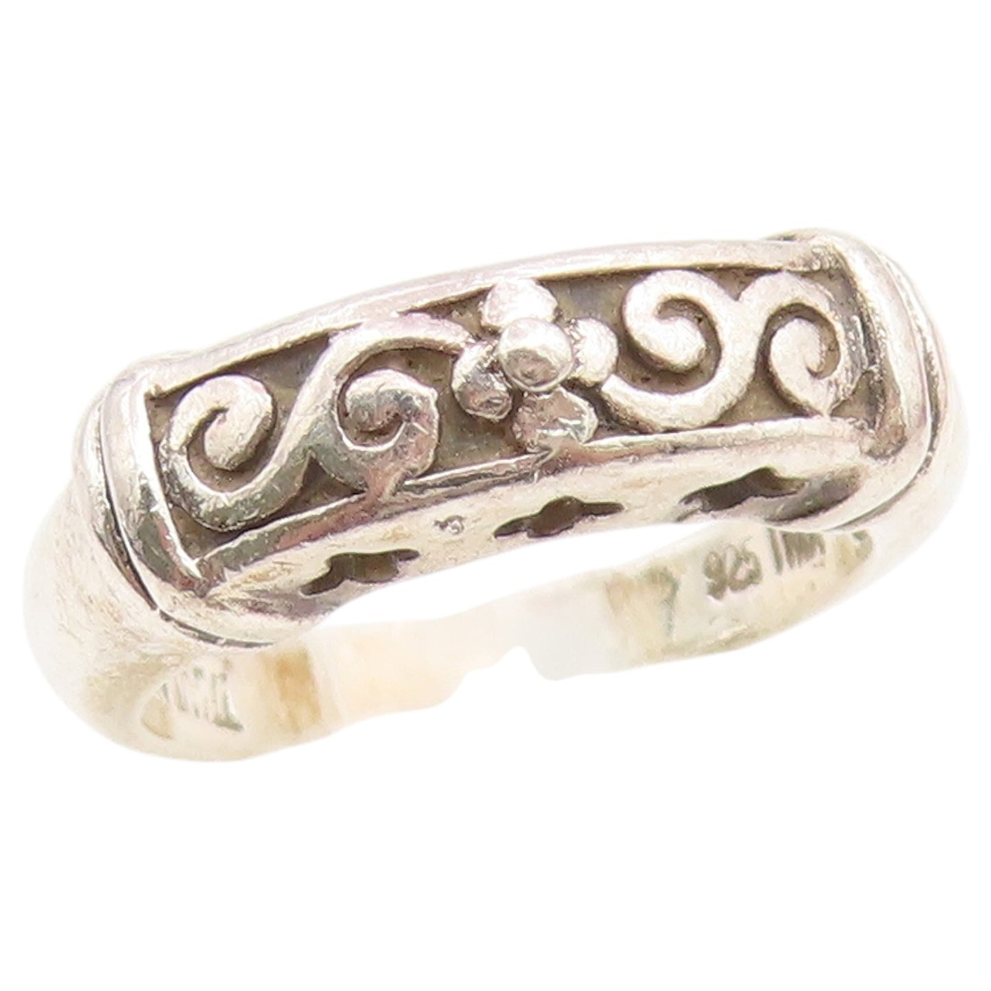 925 Sterling Silver Vintage Ring Classic Floral Scroll Motif Band  Sz 5  RG36652