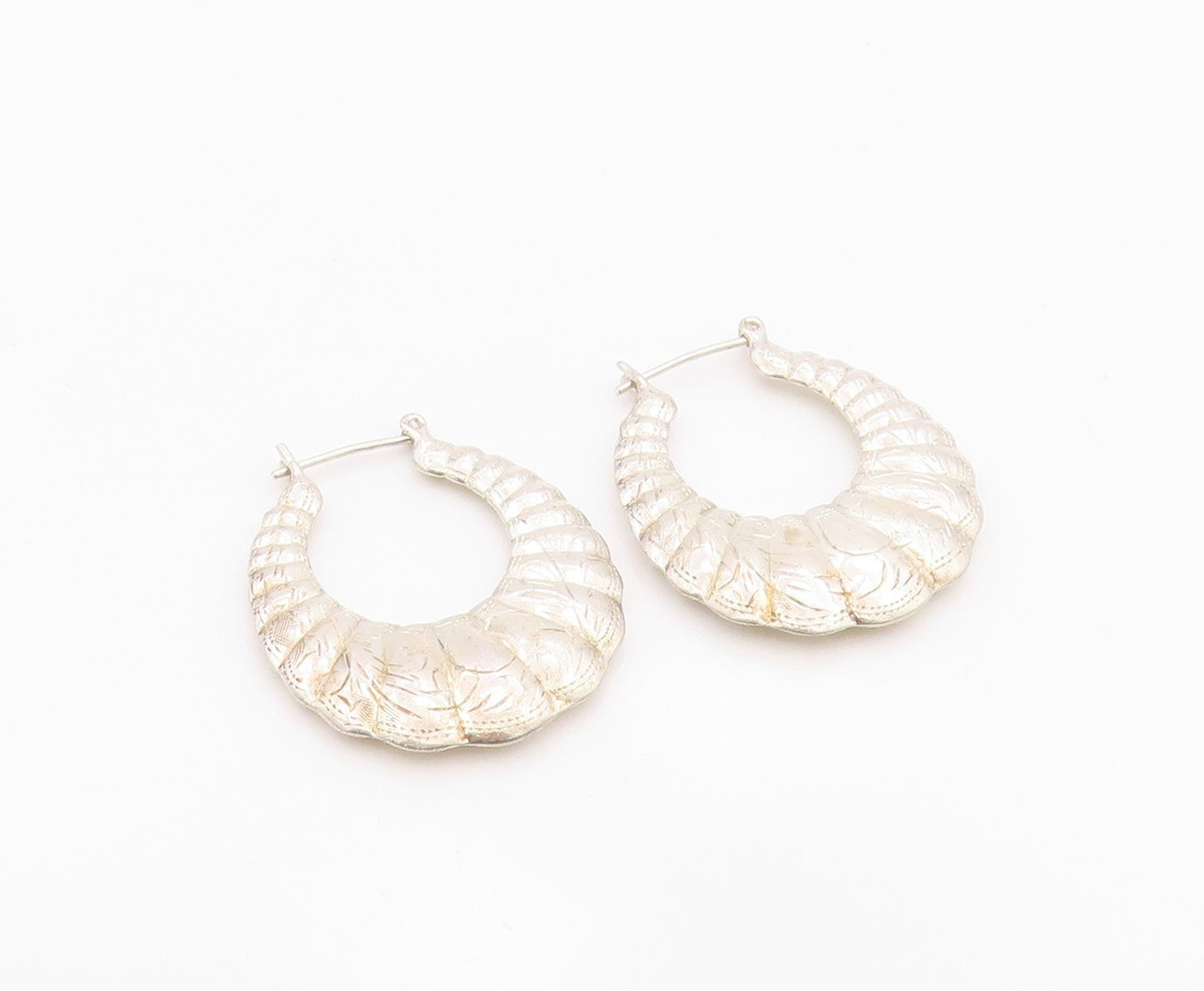 925 Sterling Silver Vintage Earrings Modernist Etched Croissant Hoops  EG14409