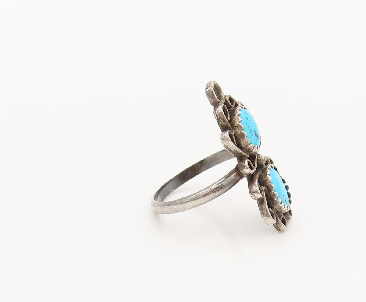 925 Silver Vintage Southwestern Turquoise Swirly Flowers Ring Sz 7 RG27237