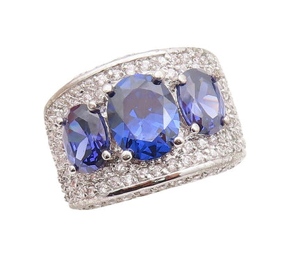 925 Sterling Silver Vintage Ring Broad Band Sapphire & CZ Inlay  Sz 7  RG29983