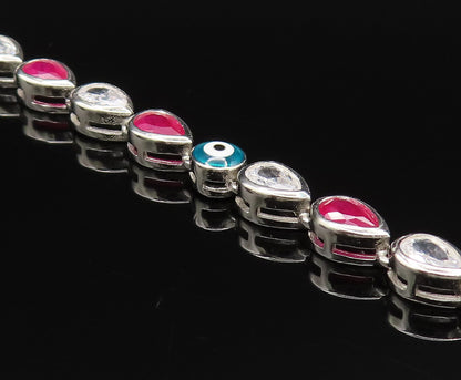 925 Silver  Vintage Enamel Evil Eye Pear Shaped Ruby & Topaz Bracelet  BT9569