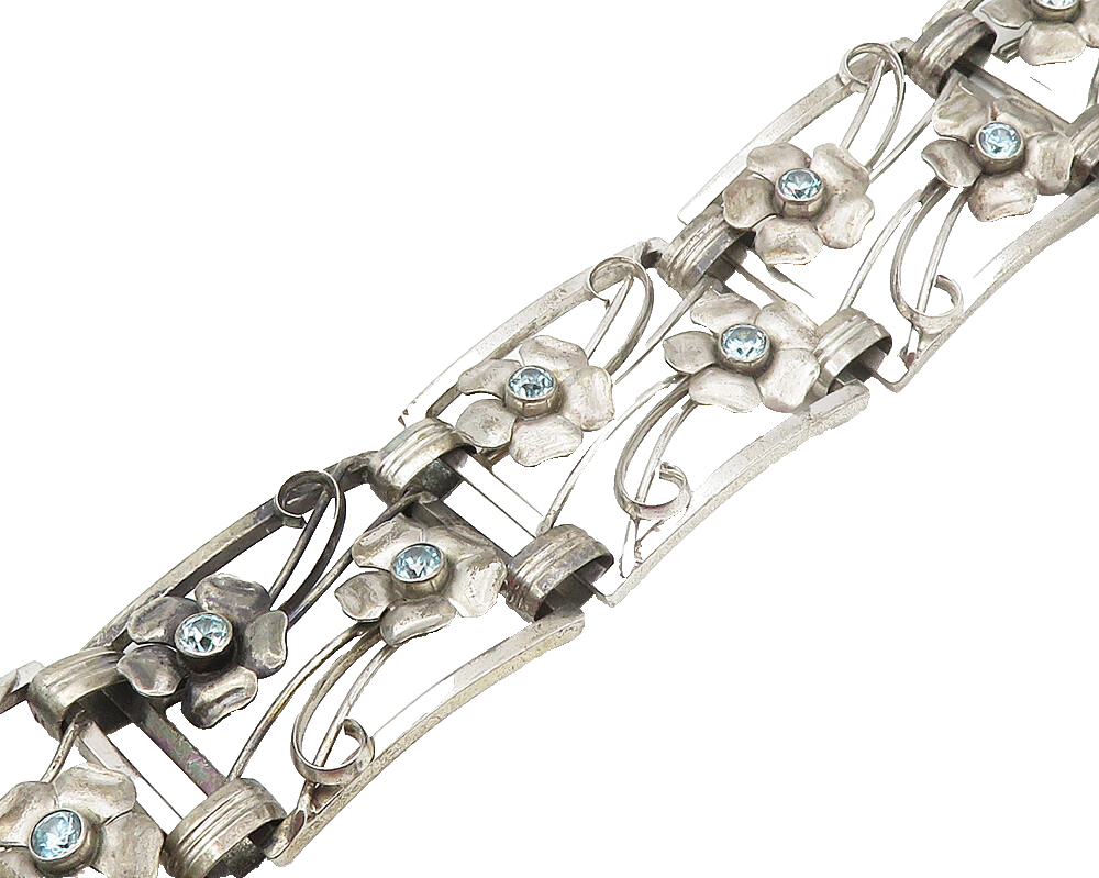 KARLAH & BLEICHER 925 Silver  Vintage Blue Topaz Floral Chain Bracelet  BT6697
