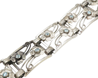 KARLAH & BLEICHER 925 Silver  Vintage Blue Topaz Floral Chain Bracelet  BT6697
