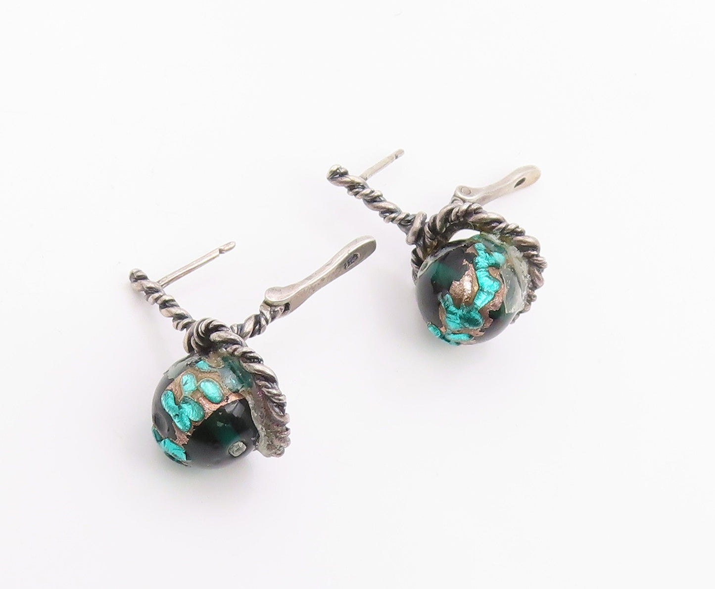 925 Sterling Silver Vintage Earrings Green Gemstone Twisted Rope Drop  EG14213