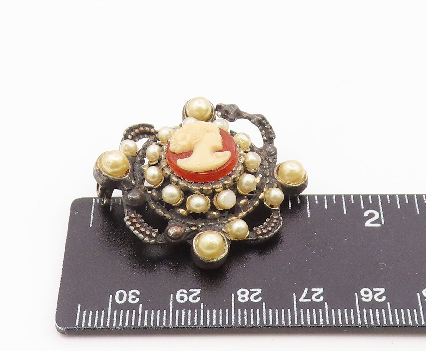 925 Sterling Silver  Vintage Petite Pearls & Carnelian Cameo Brooch Pin BP8060