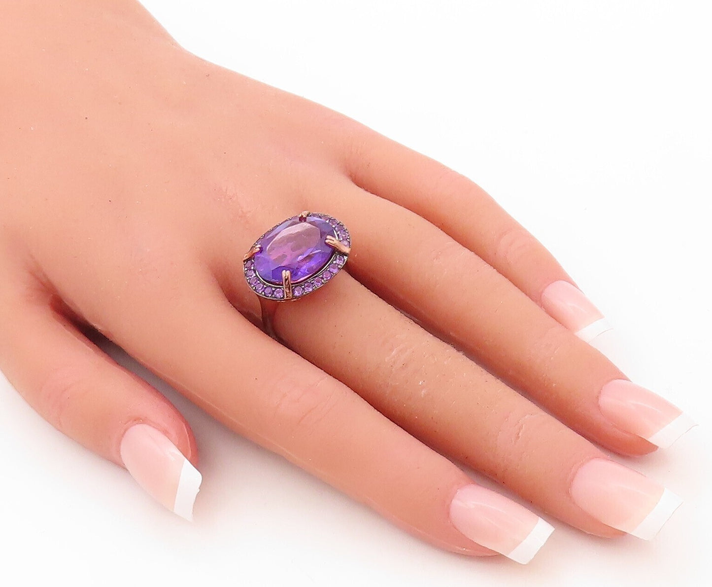 925 Sterling Silver Vintage Ring Rose Gold Plated Oval Cut Amethyst Sz 7 RG30590
