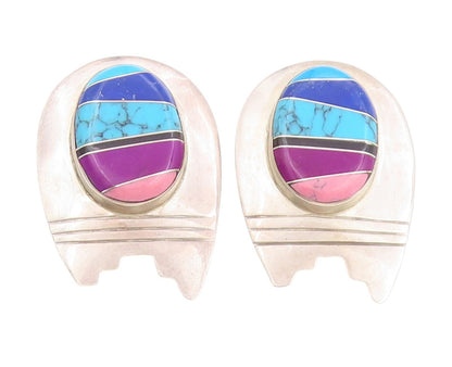 925 Sterling Silver Vintage Earrings MEXICO Multi Gemstone Inlay Design  EG13723