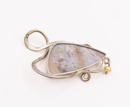 925 Sterling Silver Vintage Pendant Brutalist Designer Marble With Pearl PT22855