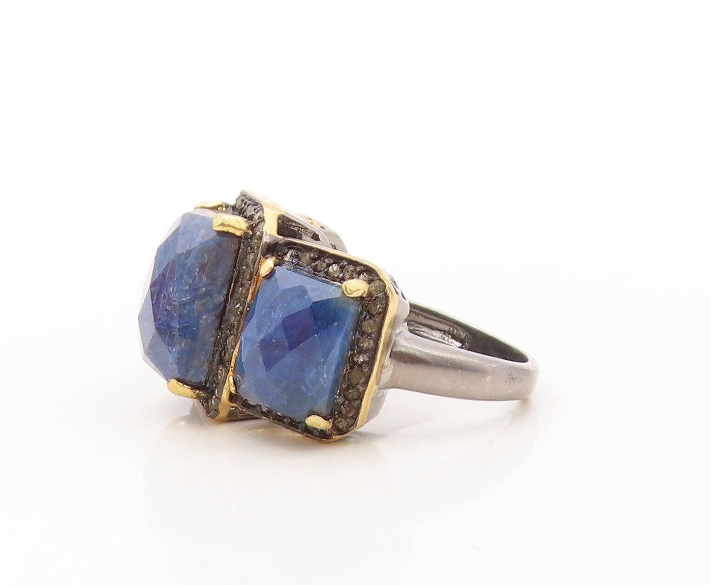 925 Sterling Silver Vintage Ring Diamonds & Blue Gemstones Inlay  Sz 8  RG31070