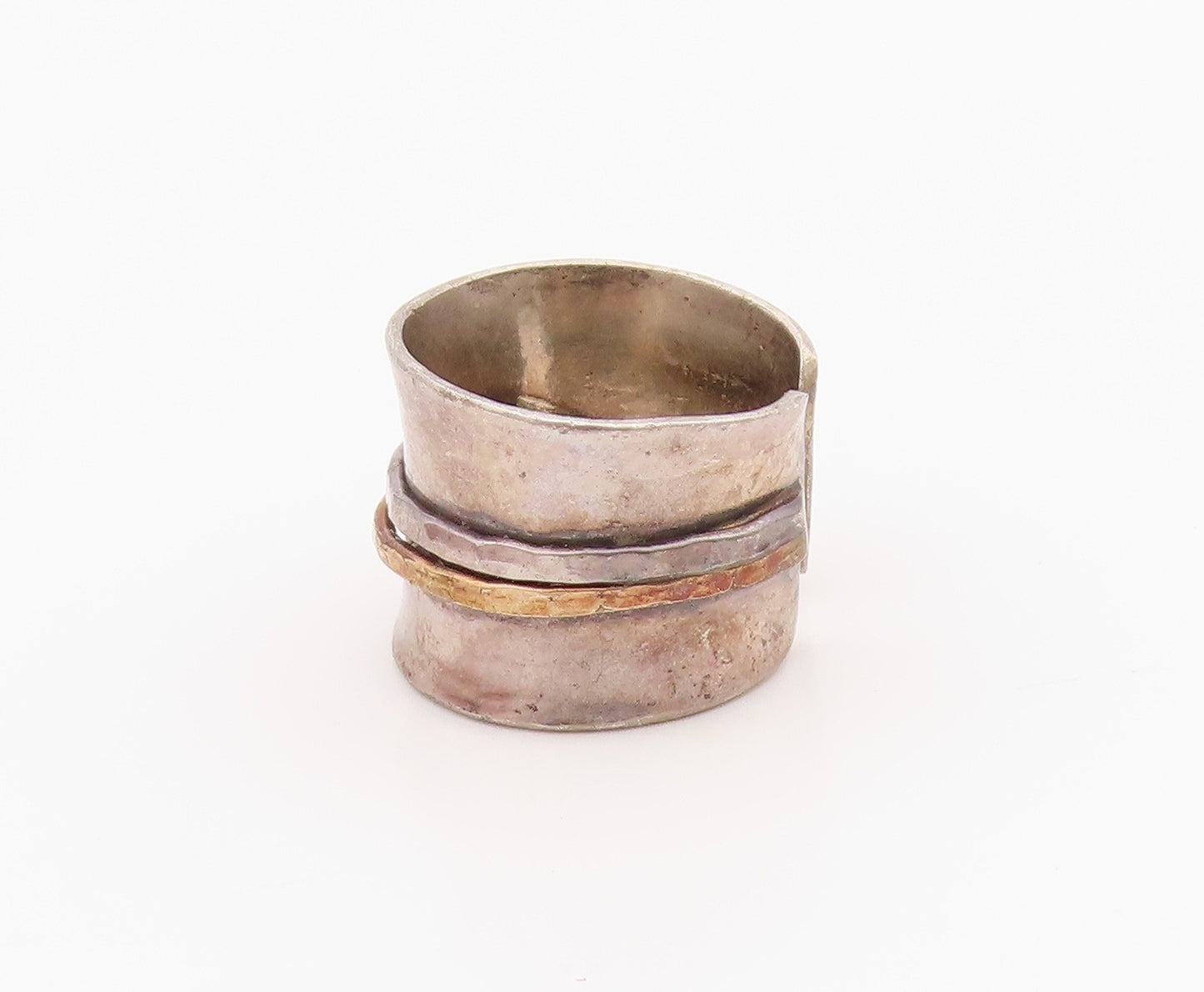 925 Sterling Silver Vintage Ring Two Tone Hammered Wide Band  Sz 6.5  RG36300