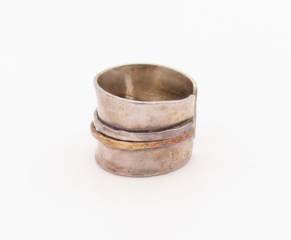 925 Sterling Silver Vintage Ring Two Tone Hammered Wide Band  Sz 6.5  RG36300