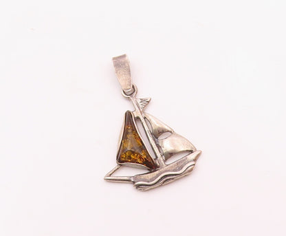 925 Sterling Silver  Vintage Baltic Amber Etched Sailboat Pendant  PT20174