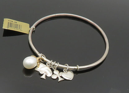 925 Silver & 14K GOLD  Vintage Shiny Pearl & Charms Bangle Bracelet  BT8086