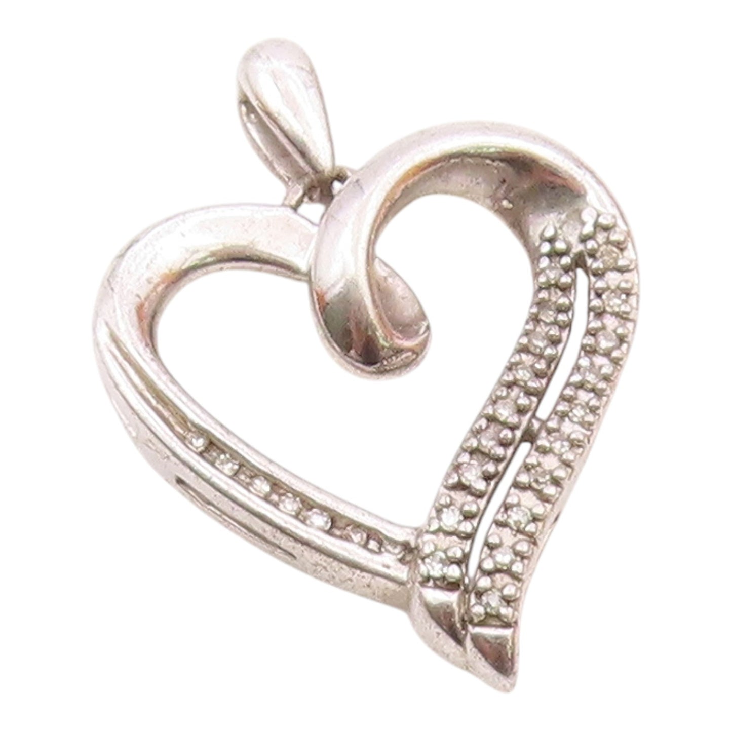 925 Sterling Silver  Vintage Genuine Diamonds Open Love Heart Pendant  PT19467