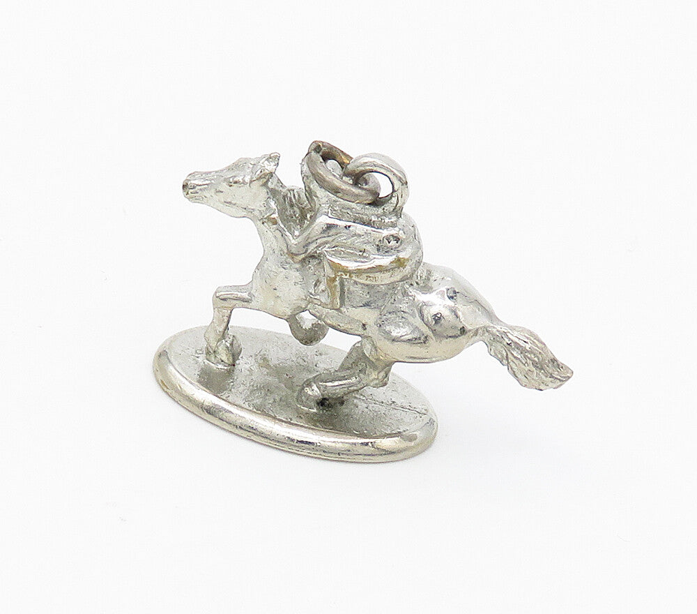 925 Sterling Silver  Vintage Shiny Horse Jockey Statue Drop Pendant  PT12729