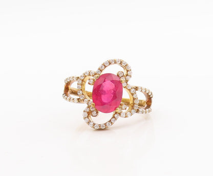 925 Sterling Silver Vintage Ring Gold Plated Pink & White CZ Flower Sz 7 RG29178