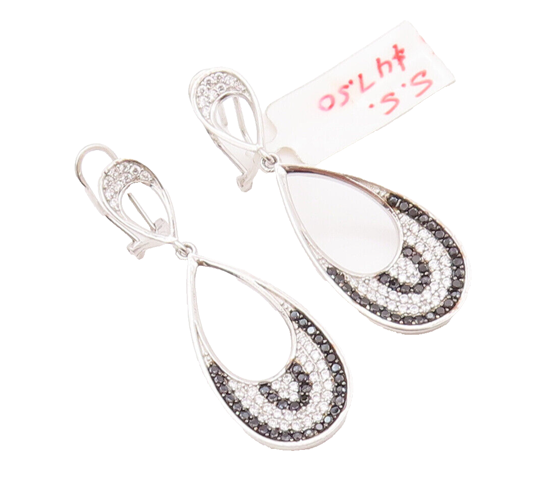 925 Sterling Silver Vintage Earrings Drop Shape Designer Onyx & CZ Bands EG12968