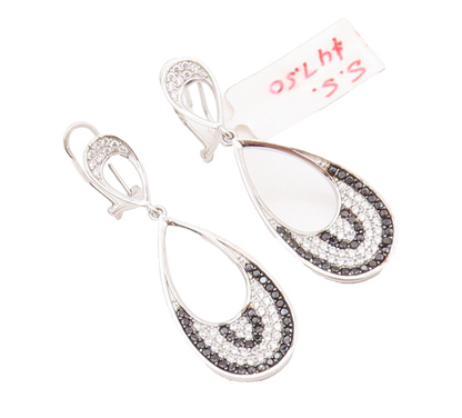 925 Sterling Silver Vintage Earrings Drop Shape Designer Onyx & CZ Bands EG12968
