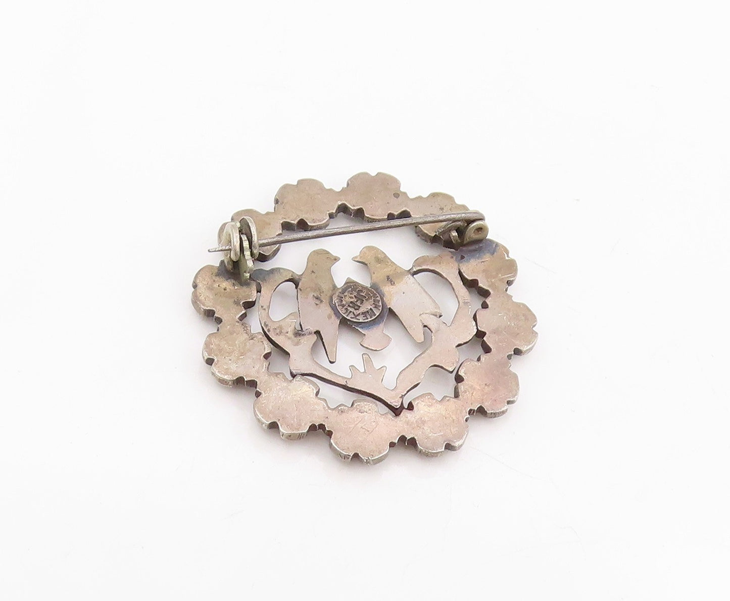 925 Sterling Silver Vintage Brooch Pin MEXICO Turquoise Lovebirds Flower BP12229