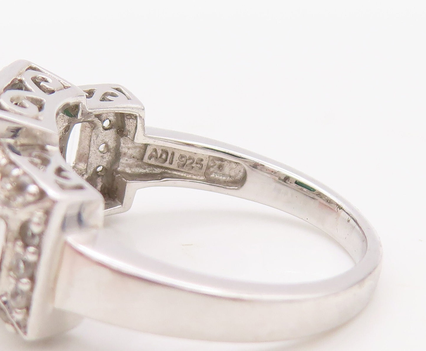 925 Sterling Silver Vintage Ring Rectangle Cutout Gemstone & CZ  Sz 7  RG30797