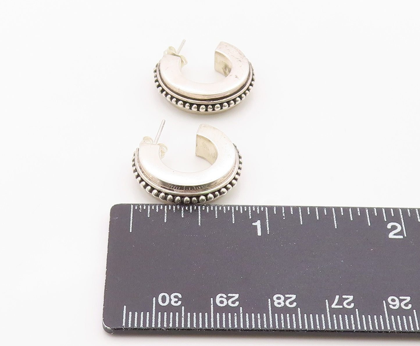 925 Sterling Silver Vintage Earrings Modernist Beaded Crescent Hoops  EG14389
