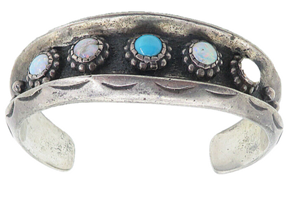 NAVAJO 925 Silver Vintage Fire Opal & Turquoise Etched Cuff Bracelet BT3341